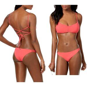 Roxy Softly Love Lace-Up Top Bikini Set w/Strappy Cheeky Bottom MEDIUM Coral Pin